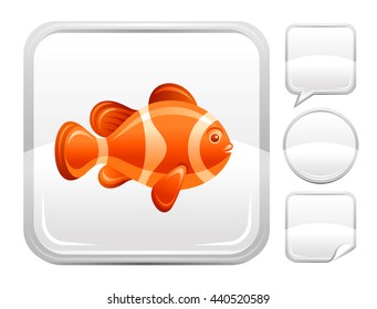 Sea Summer Beach And Travel Icon With Tropical Clown Fish On Square Background And Other Blank Button Forms - Speaking Bubble, Circle, Sticker