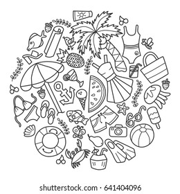 Sea and summer. Contour set of elements. Circle. Doodle and cartoon style