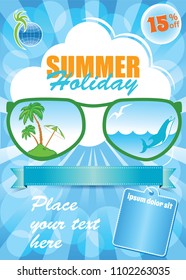 Sea Summer Holiday Template, vector blue background, vacation flyer