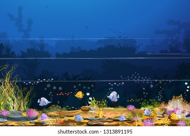 The sea in summer, the horizontal view of the sea with coral reef fish and aquatic plants Natural living creatures, vector images of nature of the blue sea for electronic card design - vector