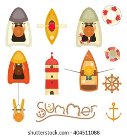Sea Summer Icons. Isolated on White Background. Vector Illustration.