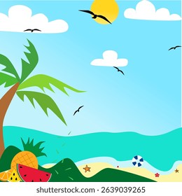 The sea in summer with lots of fruits, trees and sea animals.