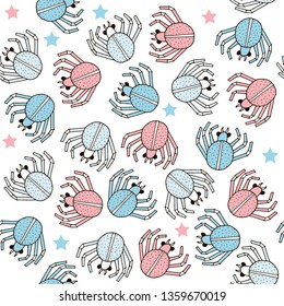 Sea summer pattern of pink and blue crabs and small starfish on a white background.