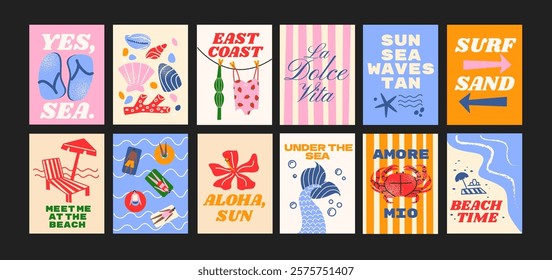 Sea summer posters beach coast ocean in minimalist style. Wall decor, trendy banners of vibe, fruits, plants, cocktails in the cartoon style of Matisse. Decor of wallpaper, walls, print and postcard