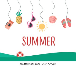 Sea. Summer. Rest. Summer background with hanging summer icons and the inscription Summer. Vector illustration.