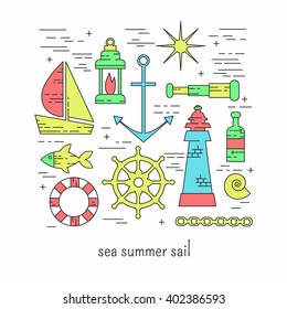 Sea summer sail lineart colored isolated pack of different icons.