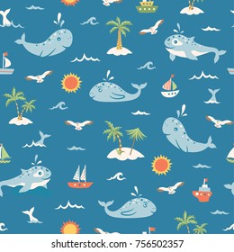 Sea summer seamless pattern with cute whales, palm trees, ships, seagulls and sun on blue background. Vector