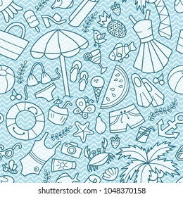 Sea and summer. Seamless pattern in doodle and cartoon style. Blue waves.  Vector.EPS 10
