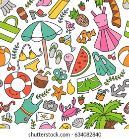 Sea and summer. Seamless pattern. Doodle and cartoon style. Colorful