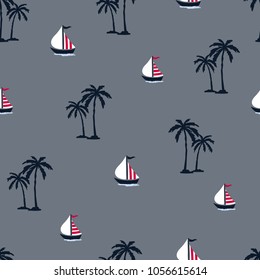 Sea summer seamless pattern with palm trees and boats.