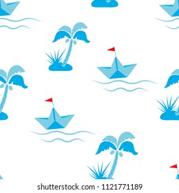 Sea summer seamless pattern with palm trees, ships on white background.