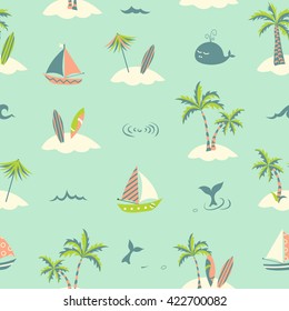 Sea summer seamless pattern with palm trees, boats and surfboards. Vector