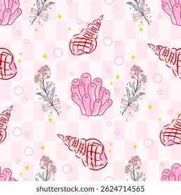 Sea summer seamless pattern, vector hand drawn tropical ocean texture, coquette seashell Travel paradise vacation wallpaper, California resort vintage print, nature design. Summer beach pattern, retro
