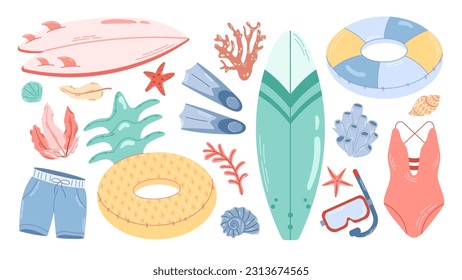 Sea summer set with shells, seaweed, surfboard and other staff for relaxing on the beach, swimming. Colored vector elements isolated on white background.