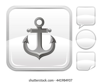 Sea summer ship or yacht sailing icon for travel design. Anchor symbol on square background and other blank button forms - speaking bubble, circle, sticker