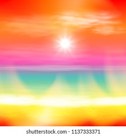 Sea summer sunset with the sun and light on lens