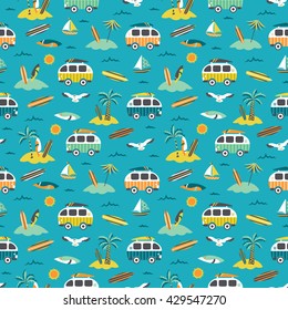 Sea summer surfing seamless pattern with palm trees, boats and surf buses. Vector