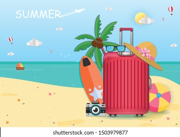Sea in summer time. view of the on background design. luggage travel accessories around the world concept. paper art, vector, illustration, banner, Card, Poster