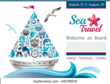 Sea summer travel banner invitation design with sail boat and icon set.  Yachting coat of arms, compass rose, binoculars, killer whale, porthole, message in bottle, yacht, sailing ship, moon, lifebuoy