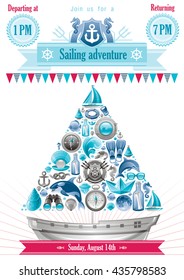 Sea summer travel banner invitation design with sail boat and icon set.  Yachting coat of arms, compass rose, binoculars, killer whale, porthole, message in bottle, yacht, sailing ship, moon, lifebuoy