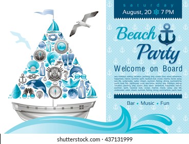 Sea Summer Travel Banner Invitation Design For Beach Party With Sail Boat And Icon Set. Yachting Coat Of Arms, Compass Rose, Binoculars, Killer Whale, Porthole, Yacht, Sailing Ship, Moon, Lifebuoy