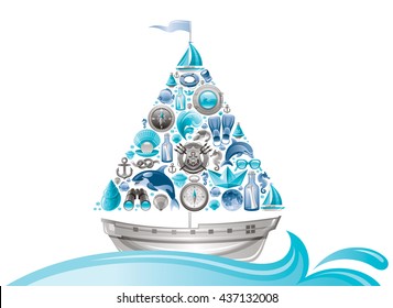 Sea summer travel design with sail boat and icon set. Yachting coat of arms, compass rose, binoculars, killer whale, porthole, message in bottle, yacht, sailing ship, moon, lifebuoy