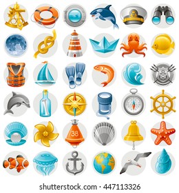 Sea summer travel icon set with shipping yacht and beach symbols. White background. Concept icons with octopus, vintage compass, helm, starfish, binoculars, lighthouse, sailor hat, boat, dolphin, moon