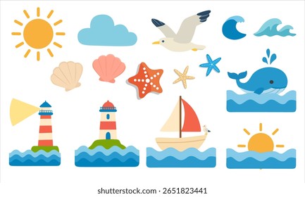 Conjunto de vetores de elementos tropicais do mar e do verão. Conjunto de desenhos animados planos de natureza de verão, farol, veleiro, sol, nuvens, gaivota, ondas, estrela-do-mar, conchas marinhas e baleia. Elementos do mar de verão clipart set.