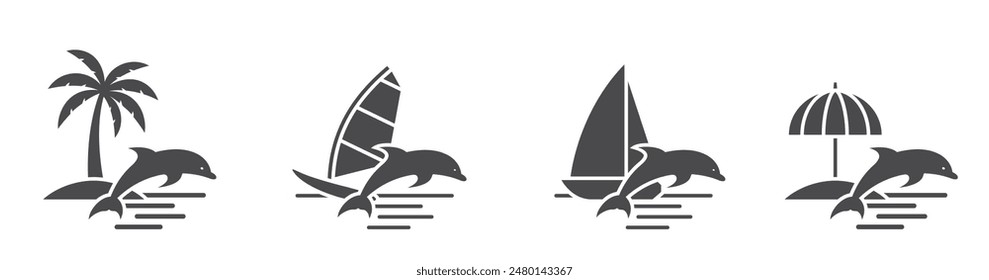 sea and summer vacation flat icons. windsurfing, sailing yacht, palm tree, beach umbrella and dolphin. isolated vector images for tourism design