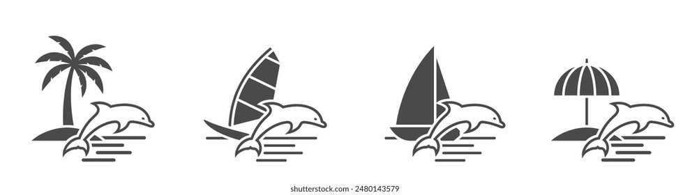 sea and summer vacation icons. windsurfing, sailing yacht, palm, beach umbrella and dolphin. isolated vector images for tourism design