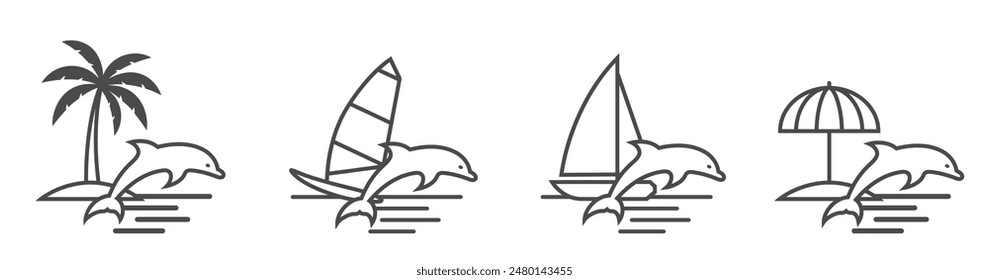 sea and summer vacation line icons. windsurfing, sailing yacht, palm tree, beach umbrella and dolphin. isolated vector images for tourism design