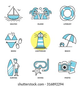 Sea and summer vector icons set: sailfish, island, lifebuoy, bikini, lighthouse, beach, surfing, diving, photo. Modern line style