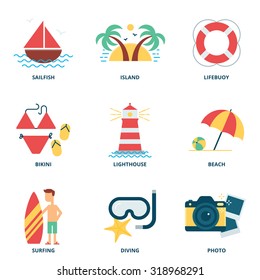 Sea and summer vector icons set modern flat style