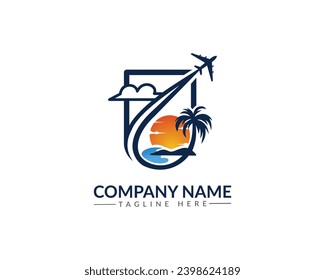 Sea, sun, Airplane, Palm Tree And Waves Vector Illustration. Summer Beach Travel  Island Vector Logo Design Template.