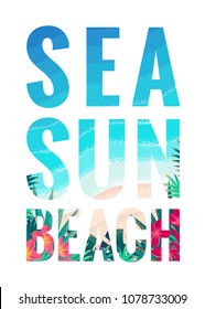 Sea, sun, beach lettering. Retro vector letters with sea waves, pink frangipani (plumeria) flowers and palm leaves