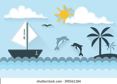  Sea, sun, beach and palms. marine ship and dolphins. vector illustration