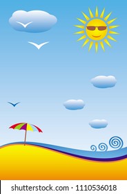 The sea and the sun. Cartoon stylized landscape. Can be used as a backing for a card or flyer. Vector picture