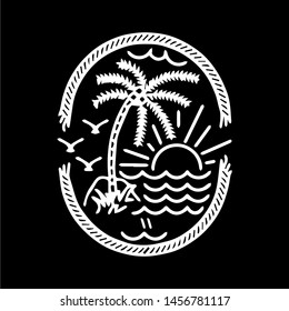 sea sun coconut tree bird design illustration hand drawn