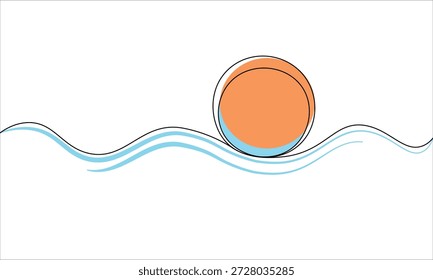 Sea and sun continuous line sketch minimalist design sign symbol icon. Orange disk and blue waves one line art outline logo. Doodle line abstract background. Vector illustration.