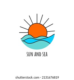 Sea and sun hand drawn logo. Sun and ocean sketch. Vtctor minimal illustration for summer resort