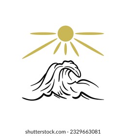 Sea ​​waves and sun light logo sketch hand drawn vintage line art vector icon illustration