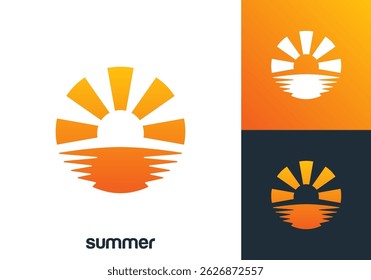 sea ​​wave with sun logo. simple circle nature beach vector design concept