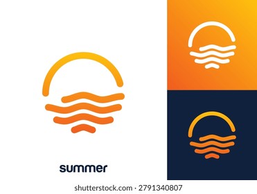 sea ​​wave with sun logo. simple line art circle nature beach vector design concept