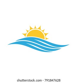 Sea and sun logo template. Sunset line icon. Sunrise.