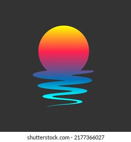Sea and sun, night summer landscape. Sunset logo, nature symbol. Ocean icon, travel logotype, tropical sign