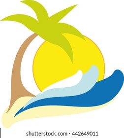 Sea, sun, palm tree, vector illustration