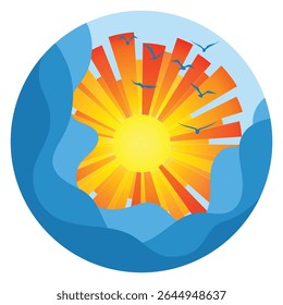Sea and sun, round design element, geometric stylization, summer vacation, vector drawing