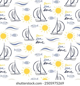 Sea, sun, sailboat, summer life pattern