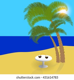 Sea, sun, sand on exotic islands, beautiful holiday in the shade of palm trees. Vector illustration