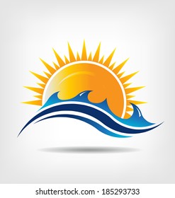 Sea and sun season  Vector icon  Abstraction of summer season This icon serves as idea of summer time,beach relax ,sunny ocean, waves beach, surf adventure, sunset day